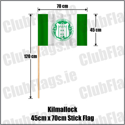 Kilmallock 45cm x 70cm Stick Flag in green and white, featuring the club crest on realistic fabric with gentle vertical folds; County Limerick GAA. ClubFlags.ie.