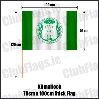 Kilmallock 70cm x 100cm Stick Flag in green and white, featuring the club crest on realistic fabric with gentle vertical folds; County Limerick GAA. ClubFlags.ie.