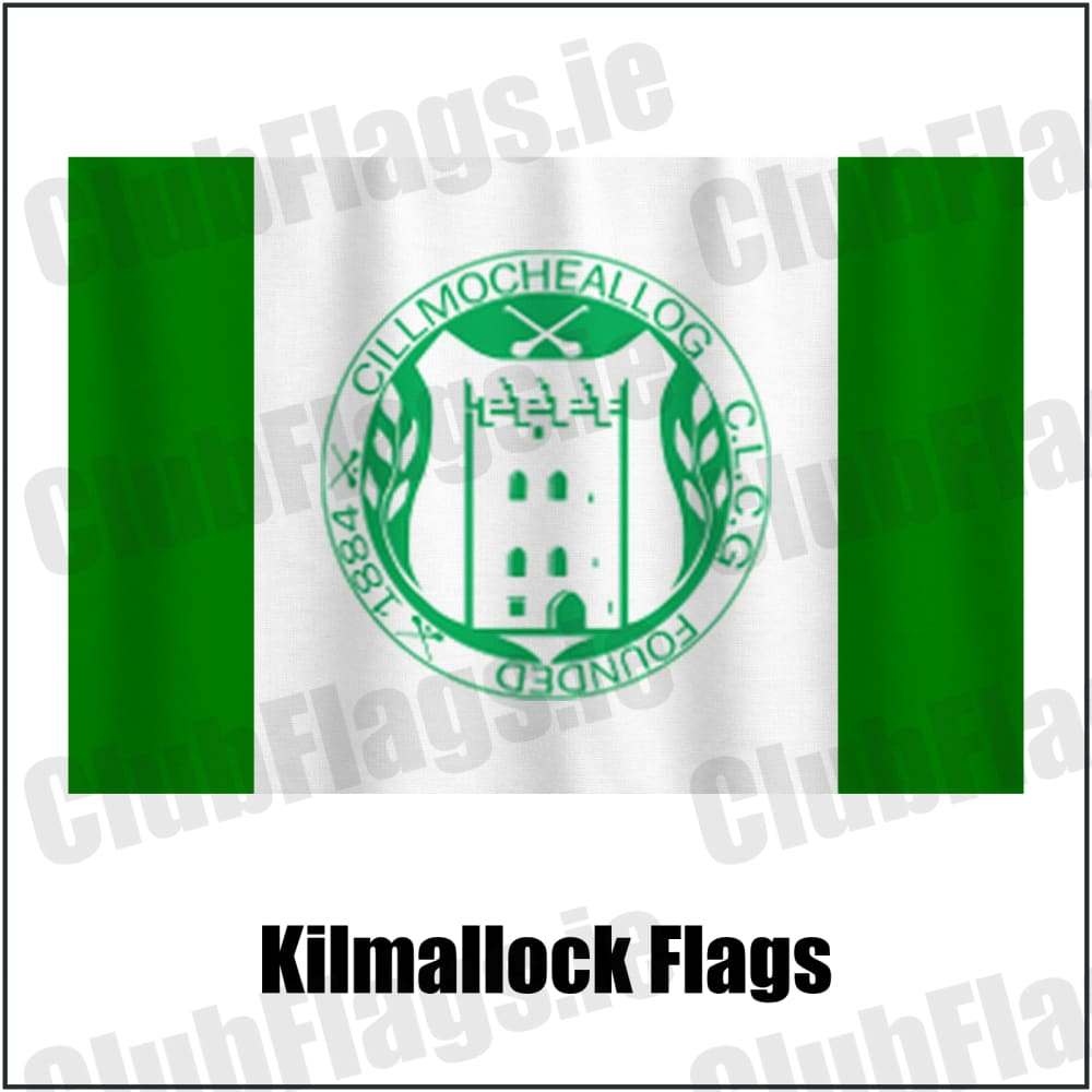 Kilmallock Flags in green and white, featuring the club crest on realistic fabric with gentle vertical folds; County Limerick GAA. ClubFlags.ie.