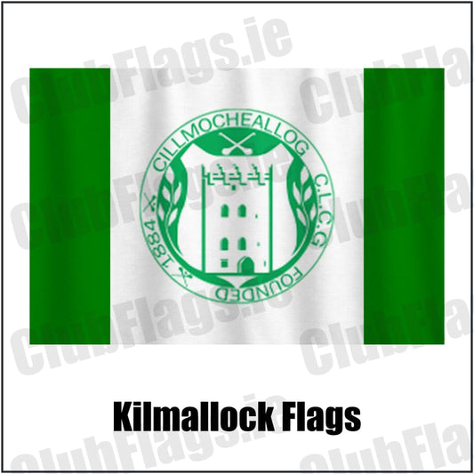 Kilmallock Flags in green and white, featuring the club crest on realistic fabric with gentle vertical folds; County Limerick GAA. ClubFlags.ie.