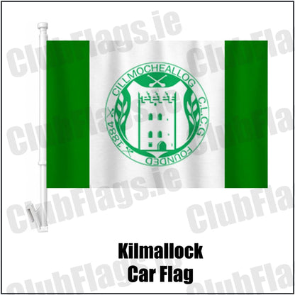 Kilmallock Car Flag in green and white, featuring the club crest on realistic fabric with gentle vertical folds; County Limerick GAA. ClubFlags.ie.