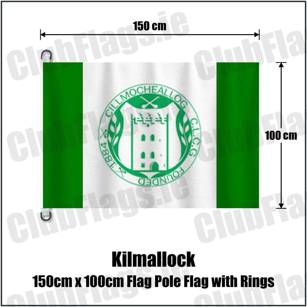 Kilmallock 150cm x 100cm Flag Pole Flag with Rings in green and white, featuring the club crest on realistic fabric with gentle vertical folds; County Limerick GAA. ClubFlags.ie.