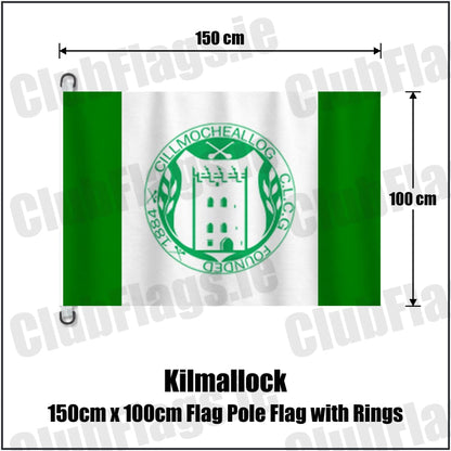 Kilmallock 150cm x 100cm Flag Pole Flag with Rings in green and white, featuring the club crest on realistic fabric with gentle vertical folds; County Limerick GAA. ClubFlags.ie.