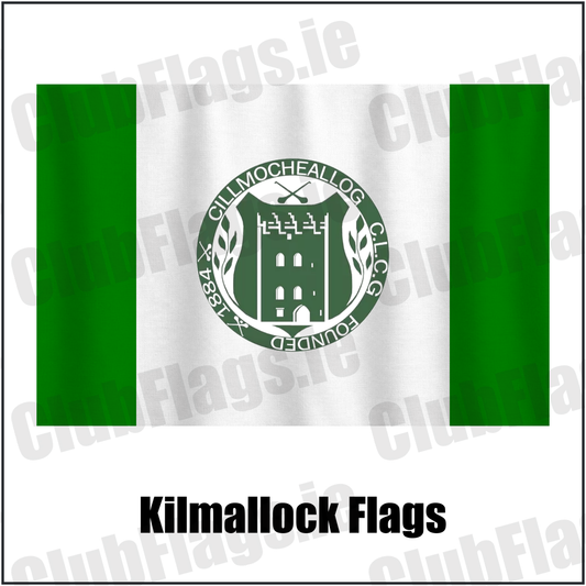 Kilmallock Flags, featuring the club crest and green and white colours; County Limerick GAA. ClubFlags.ie.