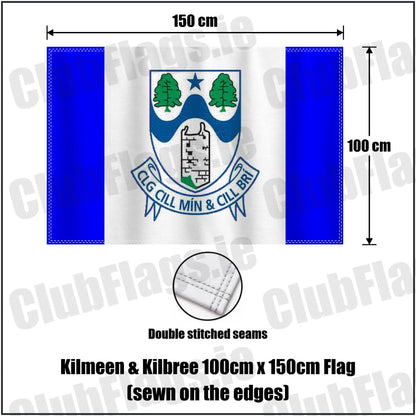 Kilmeen & Kilbree 100cm x 150cm Flag (sewn on the edges) in blue and white, featuring the club crest on realistic fabric with gentle vertical folds; County Cork GAA. ClubFlags.ie.