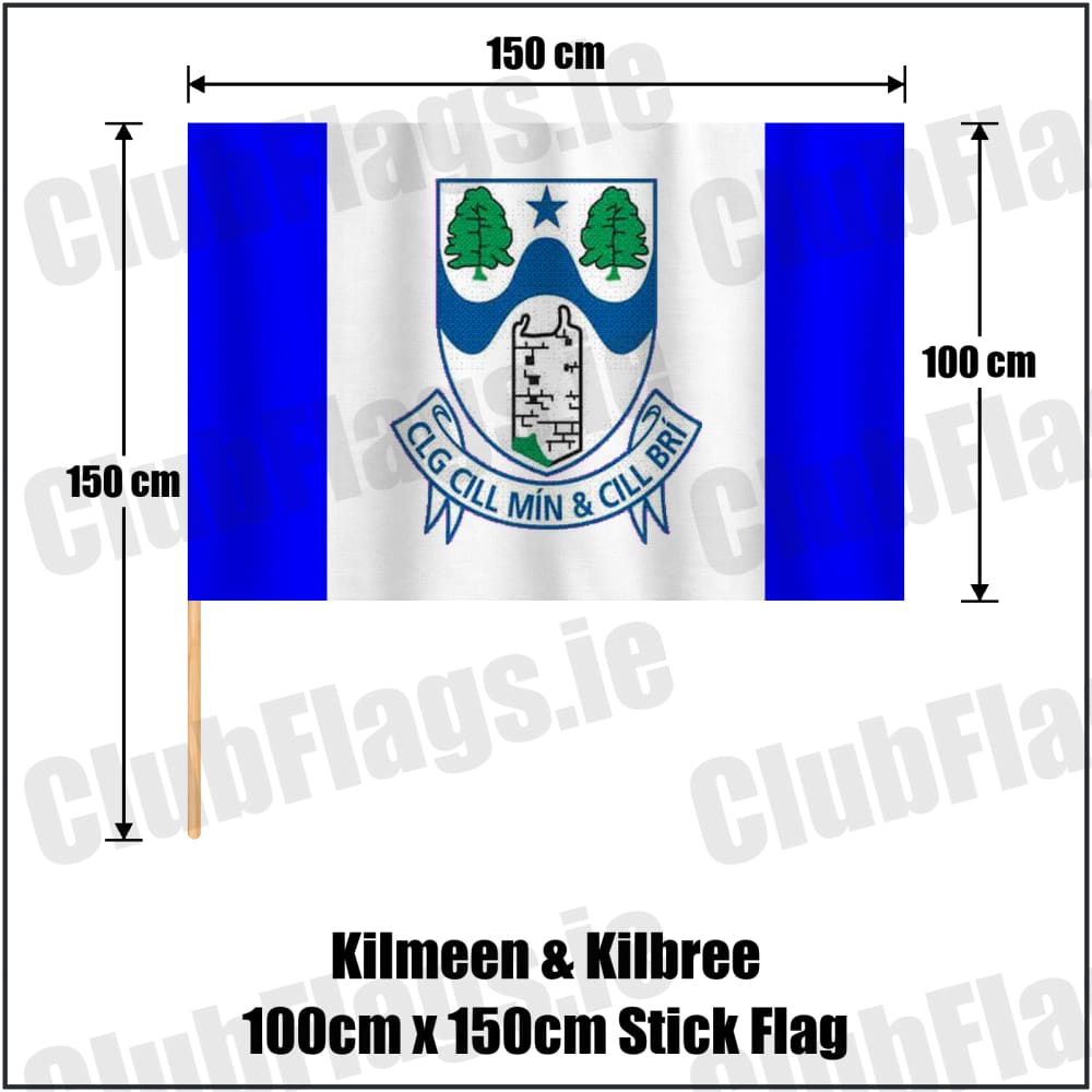 Kilmeen & Kilbree 100cm x 150cm Stick Flag in blue and white, featuring the club crest on realistic fabric with gentle vertical folds; County Cork GAA. ClubFlags.ie.