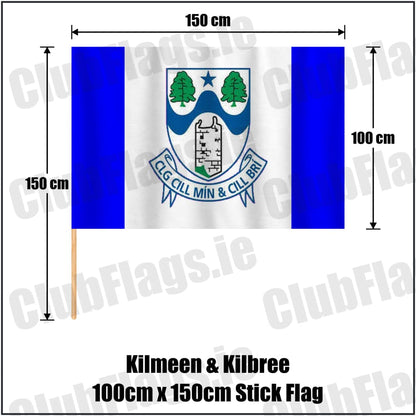 Kilmeen & Kilbree 100cm x 150cm Stick Flag in blue and white, featuring the club crest on realistic fabric with gentle vertical folds; County Cork GAA. ClubFlags.ie.