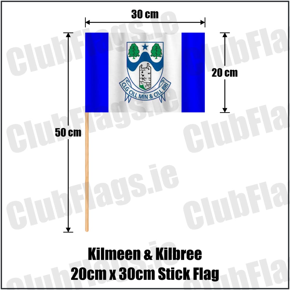 Kilmeen & Kilbree 20cm x 30cm Stick Flag in blue and white, featuring the club crest on realistic fabric with gentle vertical folds; County Cork GAA. ClubFlags.ie.