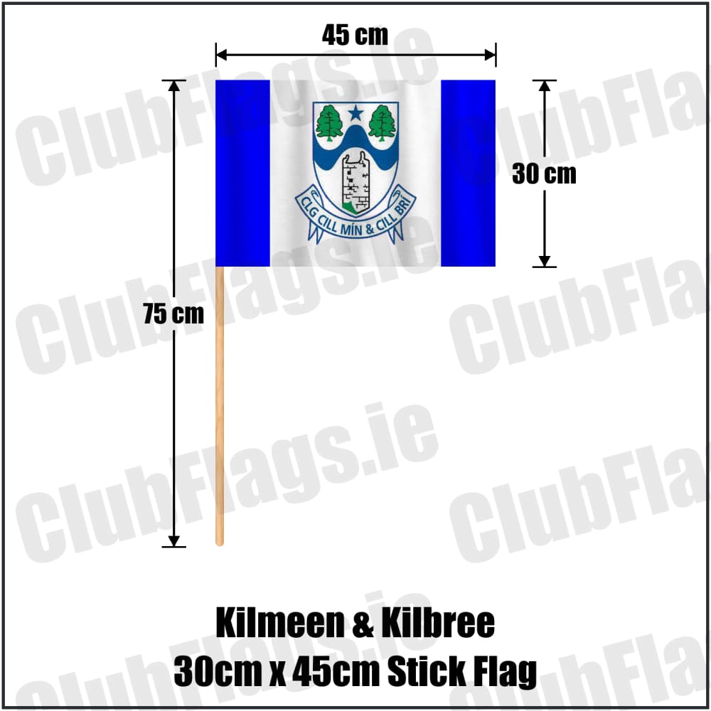 Kilmeen & Kilbree 30cm x 45cm Stick Flag in blue and white, featuring the club crest on realistic fabric with gentle vertical folds; County Cork GAA. ClubFlags.ie.