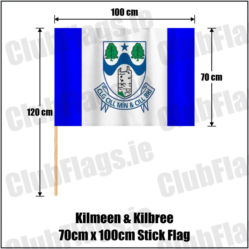 Kilmeen & Kilbree 70cm x 100cm Stick Flag in blue and white, featuring the club crest on realistic fabric with gentle vertical folds; County Cork GAA. ClubFlags.ie.