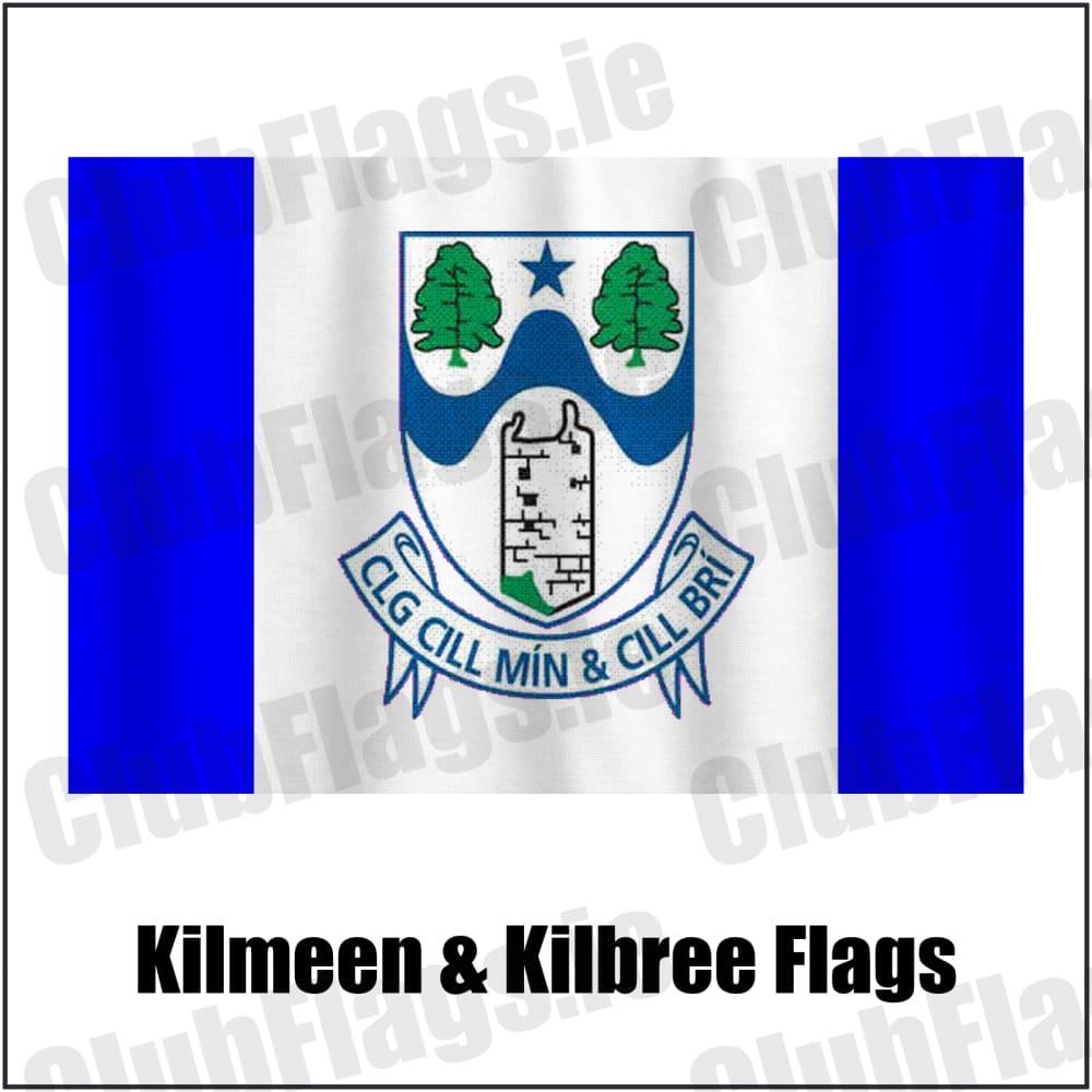 Kilmeen & Kilbree Flags in blue and white, featuring the club crest on realistic fabric with gentle vertical folds; County Cork GAA. ClubFlags.ie.