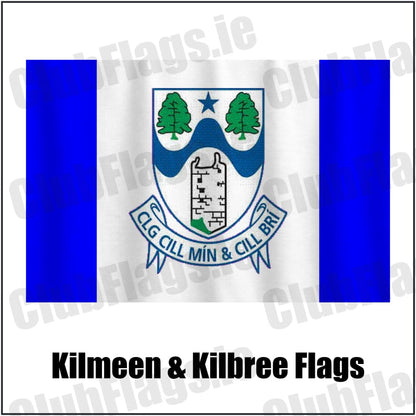 Kilmeen & Kilbree Flags in blue and white, featuring the club crest on realistic fabric with gentle vertical folds; County Cork GAA. ClubFlags.ie.