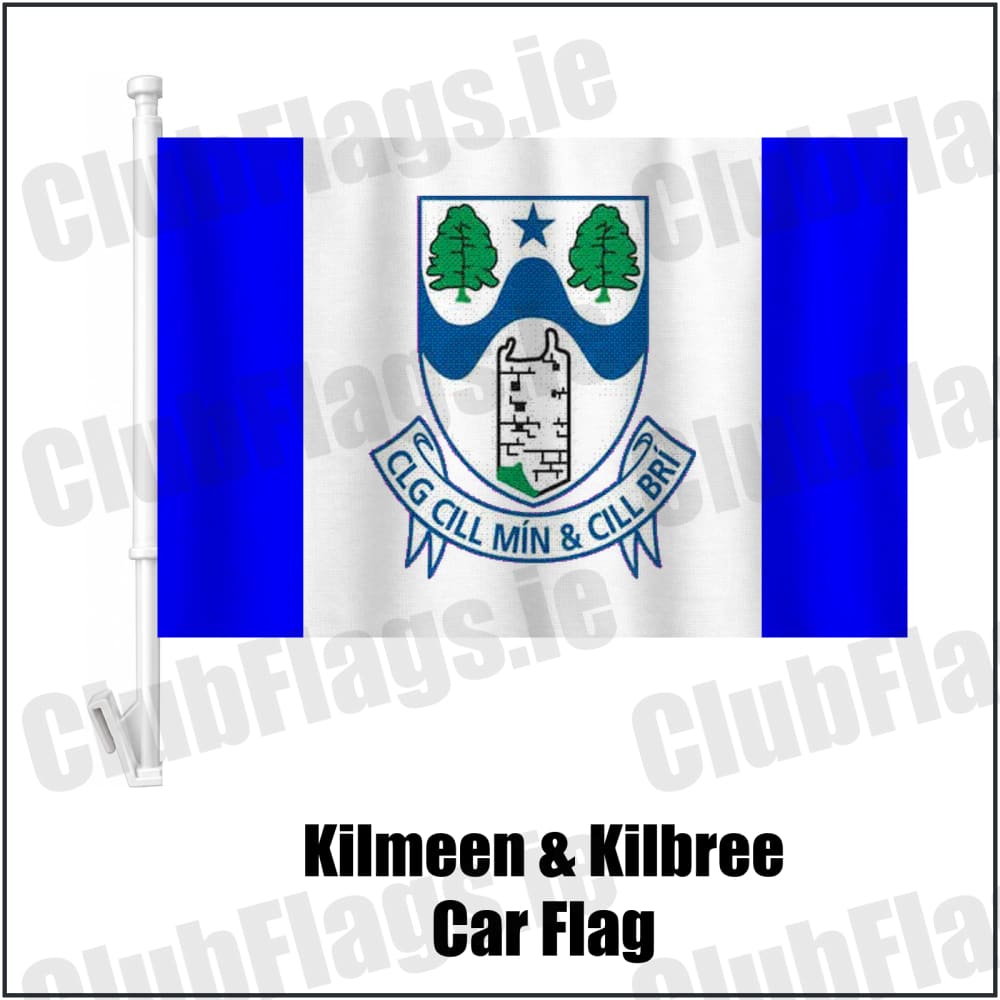 Kilmeen & Kilbree Car Flag in blue and white, featuring the club crest on realistic fabric with gentle vertical folds; County Cork GAA. ClubFlags.ie.