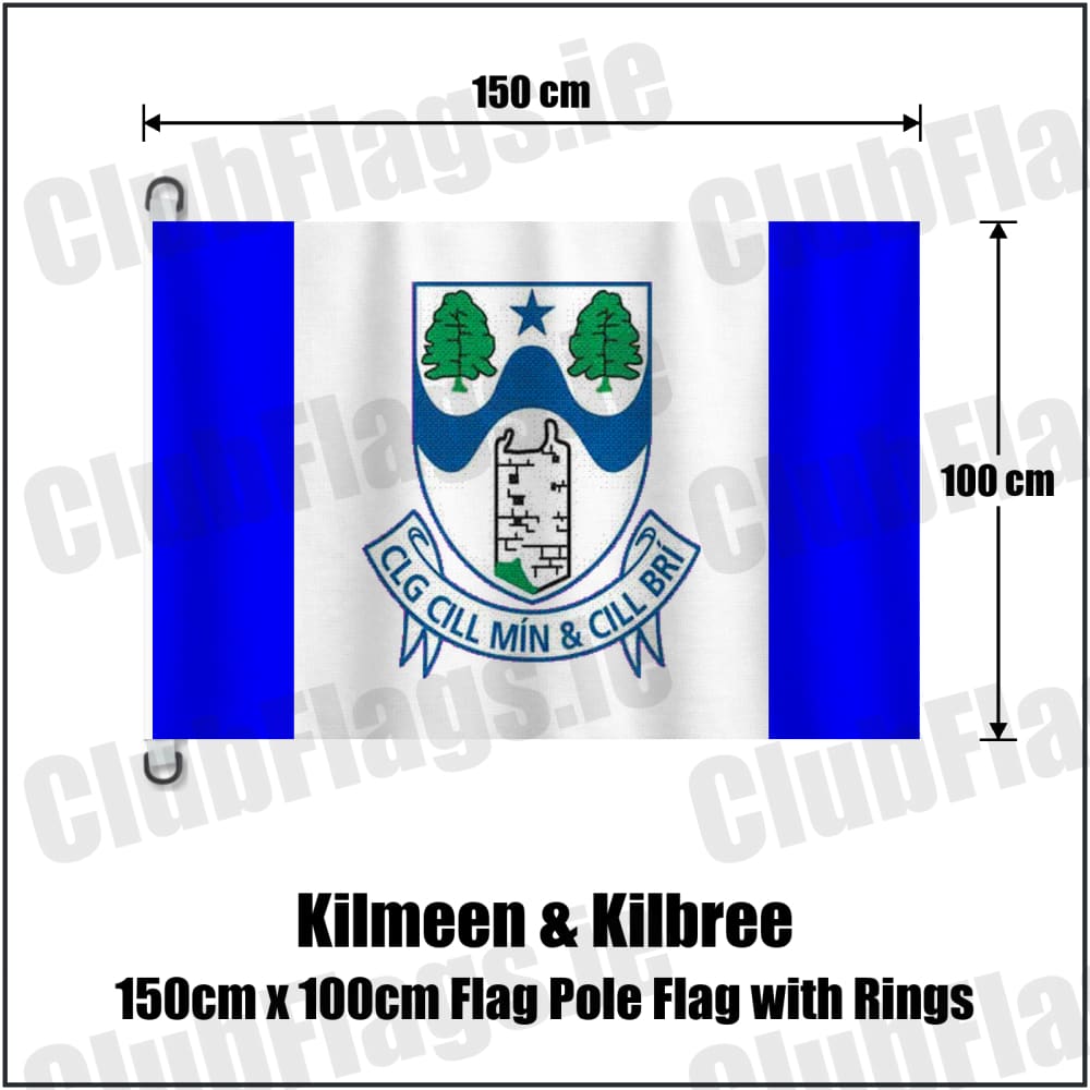 Kilmeen & Kilbree 150cm x 100cm Flag Pole Flag with Rings in blue and white, featuring the club crest on realistic fabric with gentle vertical folds; County Cork GAA. ClubFlags.ie.