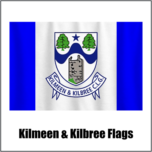 Kilmeen & Kilbree Flags, featuring the club crest and blue and white colours; County Cork GAA. ClubFlags.ie.