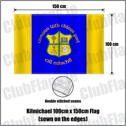 Kilmichael 100cm x 150cm Flag (sewn on the edges) in blue and gold, featuring the club crest on realistic fabric with gentle vertical folds; County Cork GAA. ClubFlags.ie.