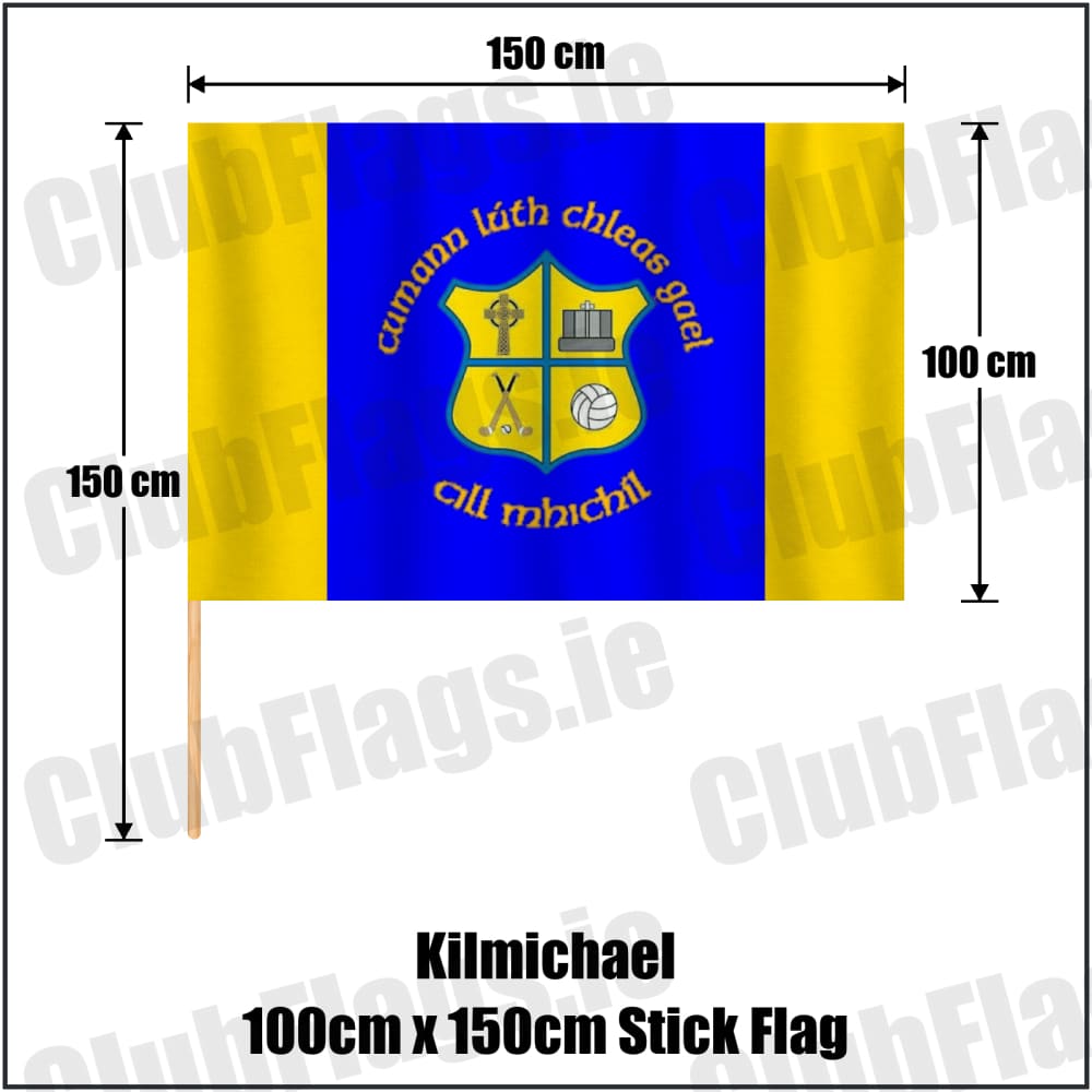 Kilmichael 100cm x 150cm Stick Flag in blue and gold, featuring the club crest on realistic fabric with gentle vertical folds; County Cork GAA. ClubFlags.ie.