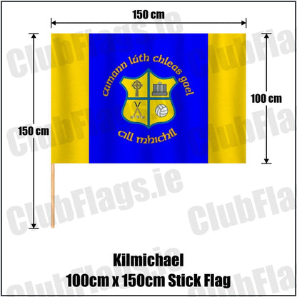 Kilmichael 100cm x 150cm Stick Flag in blue and gold, featuring the club crest on realistic fabric with gentle vertical folds; County Cork GAA. ClubFlags.ie.