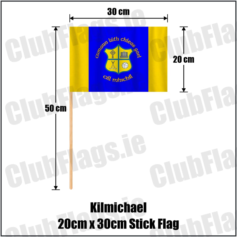 Kilmichael 20cm x 30cm Stick Flag in blue and gold, featuring the club crest on realistic fabric with gentle vertical folds; County Cork GAA. ClubFlags.ie.