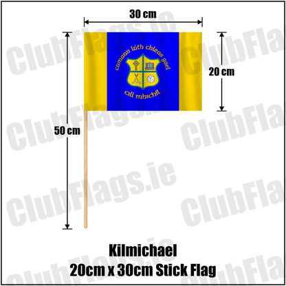Kilmichael 20cm x 30cm Stick Flag in blue and gold, featuring the club crest on realistic fabric with gentle vertical folds; County Cork GAA. ClubFlags.ie.