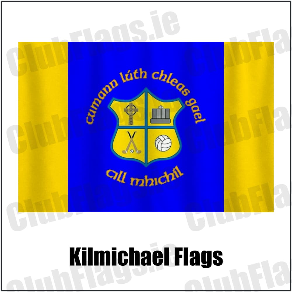 Kilmichael Flags in blue and gold, featuring the club crest on realistic fabric with gentle vertical folds; County Cork GAA. ClubFlags.ie.