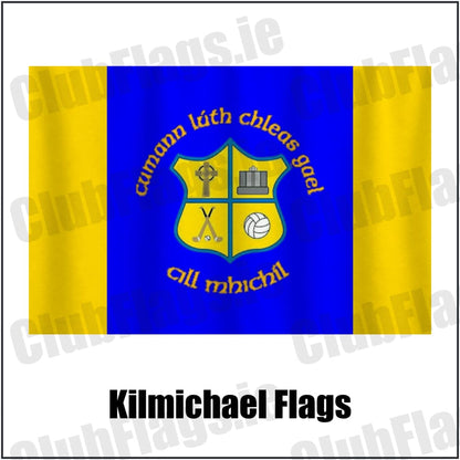 Kilmichael Flags in blue and gold, featuring the club crest on realistic fabric with gentle vertical folds; County Cork GAA. ClubFlags.ie.