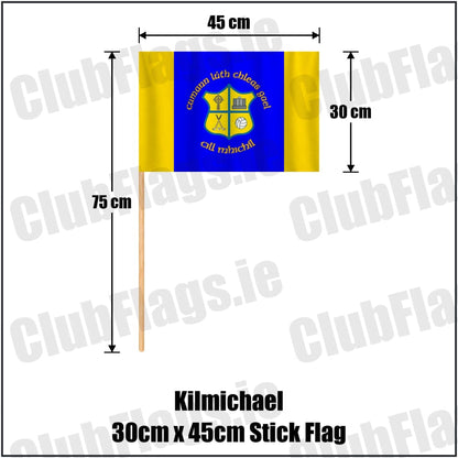 Kilmichael 30cm x 45cm Stick Flag in blue and gold, featuring the club crest on realistic fabric with gentle vertical folds; County Cork GAA. ClubFlags.ie.