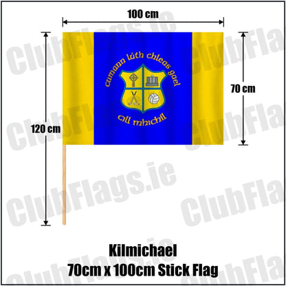 Kilmichael 70cm x 100cm Stick Flag in blue and gold, featuring the club crest on realistic fabric with gentle vertical folds; County Cork GAA. ClubFlags.ie.