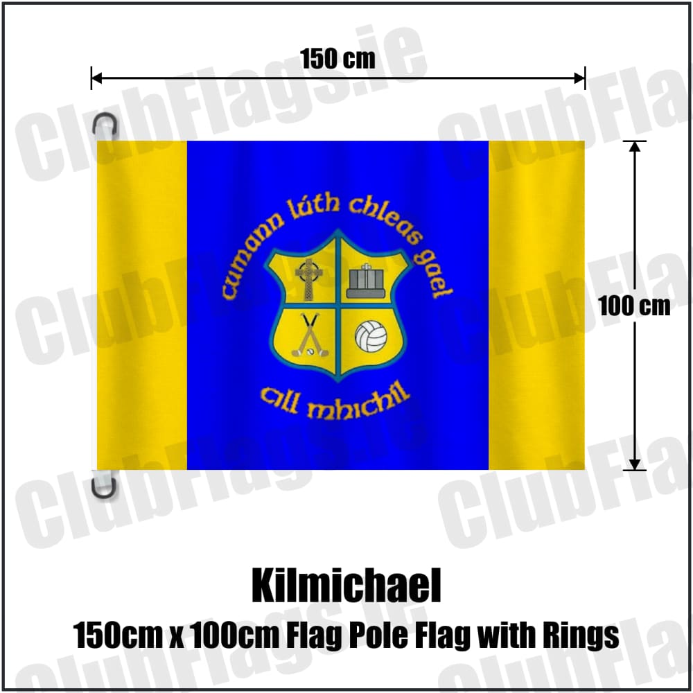 Kilmichael 150cm x 100cm Flag Pole Flag with Rings in blue and gold, featuring the club crest on realistic fabric with gentle vertical folds; County Cork GAA. ClubFlags.ie.