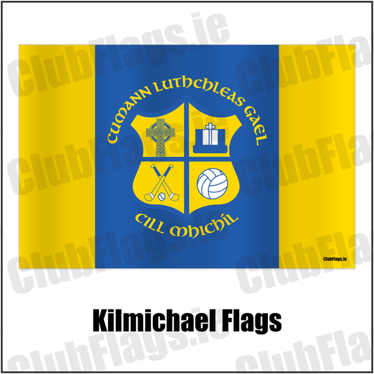 Kilmichael Flags, featuring the original Kilmichael Irish lettering and quartered crest on blue and gold fabric; County Cork GAA. ClubFlags.ie.