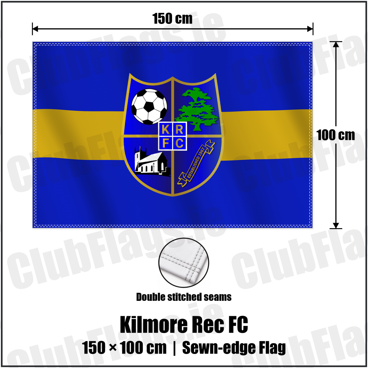 Kilmore Rec FC 100cm x 150cm Flag (sewn on the edges) with the club crest and colours, Down Football - ClubFlags.ie
