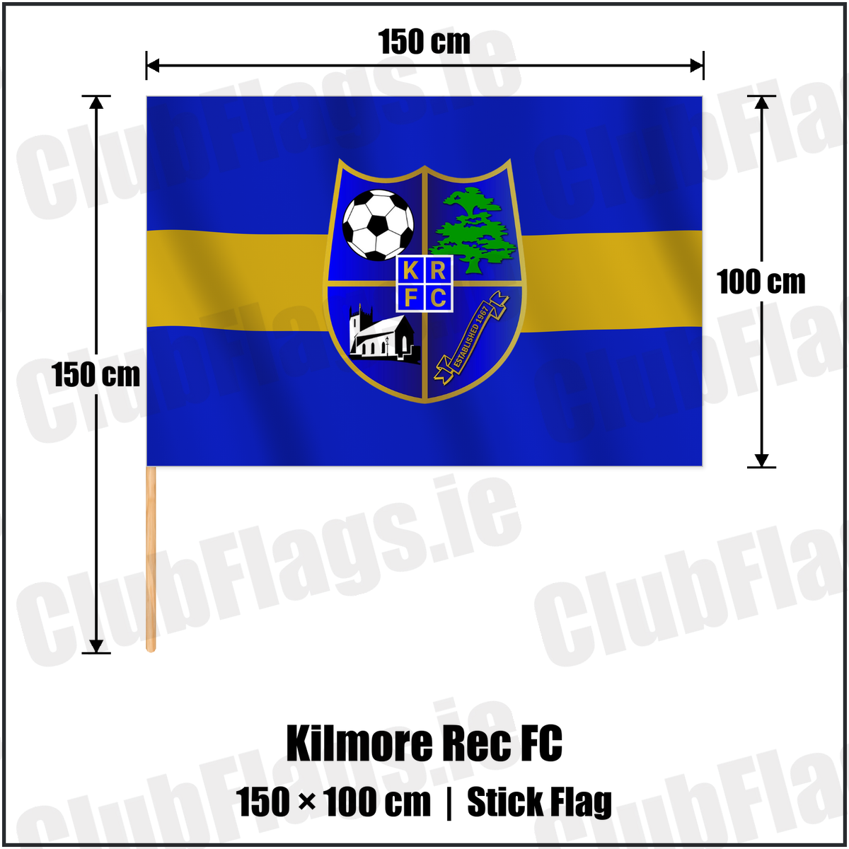 Kilmore Rec FC 100cm x 150cm Stick Flag with the club crest and colours, Down Football - ClubFlags.ie