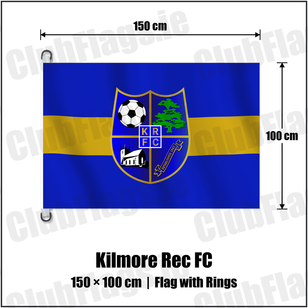 Kilmore Rec FC 150cm x 100cm Flag Pole Flag with Rings with the club crest and colours, Down Football - ClubFlags.ie