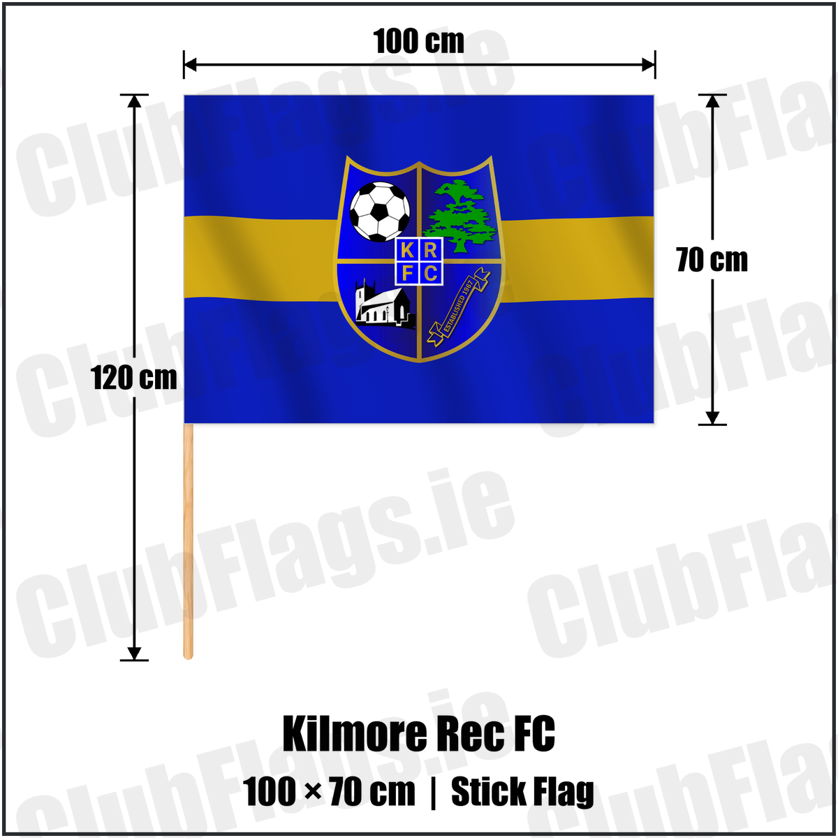 Kilmore Rec FC 70cm x 100cm Stick Flag with the club crest and colours, Down Football - ClubFlags.ie