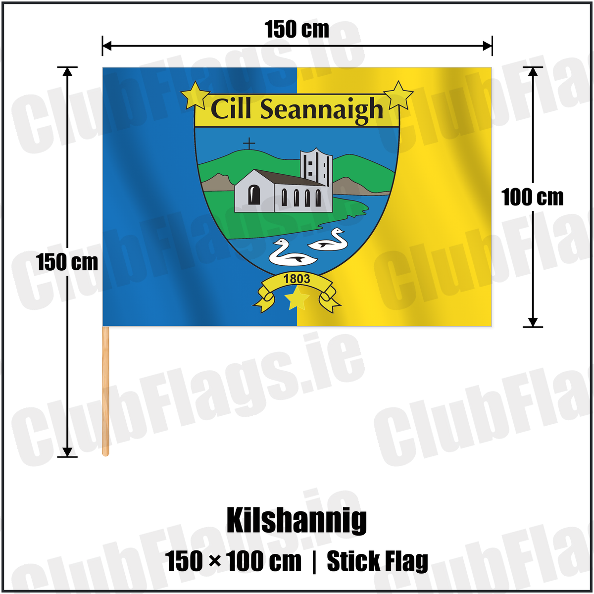Kilshannig 100cm x 150cm Stick Flag with the verified club crest and colours, Cork GAA - ClubFlags.ie