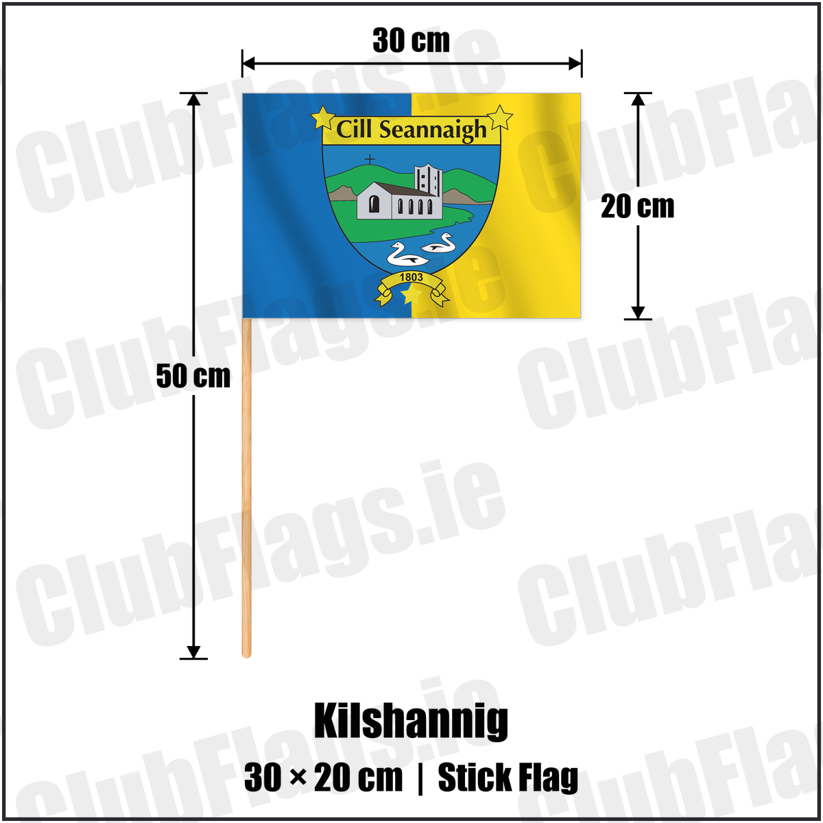 Kilshannig 20cm x 30cm Stick Flag with the verified club crest and colours, Cork GAA - ClubFlags.ie