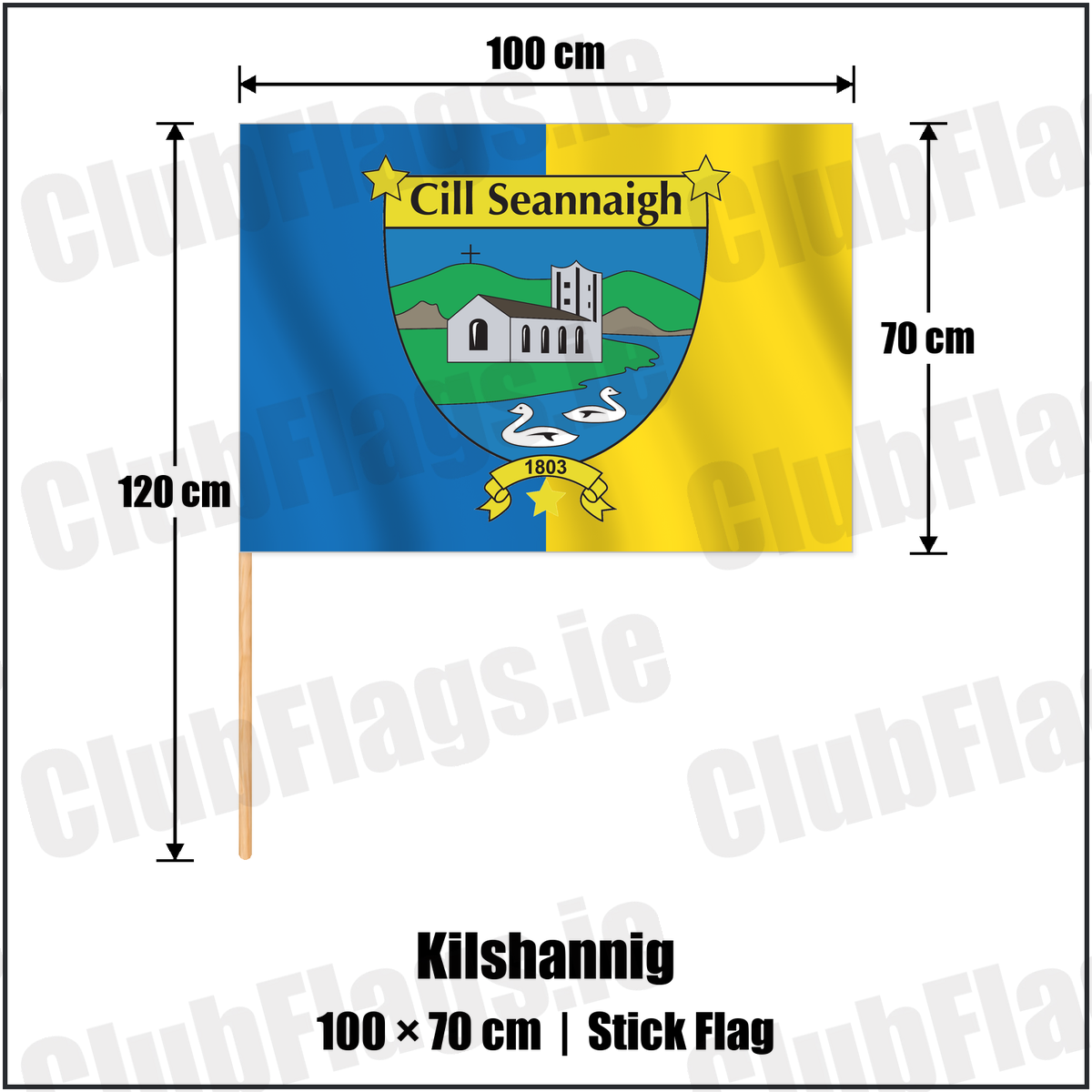 Kilshannig 70cm x 100cm Stick Flag with the verified club crest and colours, Cork GAA - ClubFlags.ie