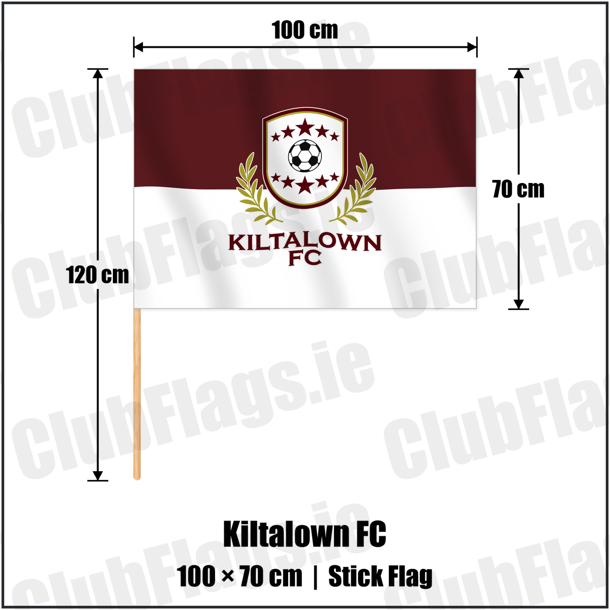 Kiltalown FC 70cm x 100cm Stick Flag with the verified club crest and colours, Dublin Football - ClubFlags.ie