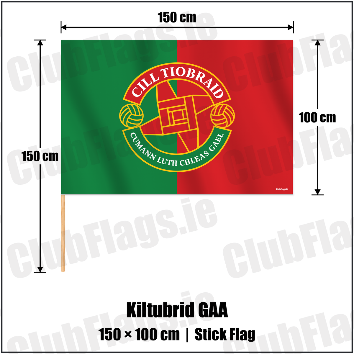 Kiltubrid GAA 100cm x 150cm Stick Flag with the verified club crest and colours, Leitrim GAA - ClubFlags.ie