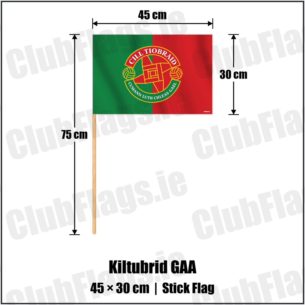Kiltubrid GAA 30cm x 45cm Stick Flag with the verified club crest and colours, Leitrim GAA - ClubFlags.ie