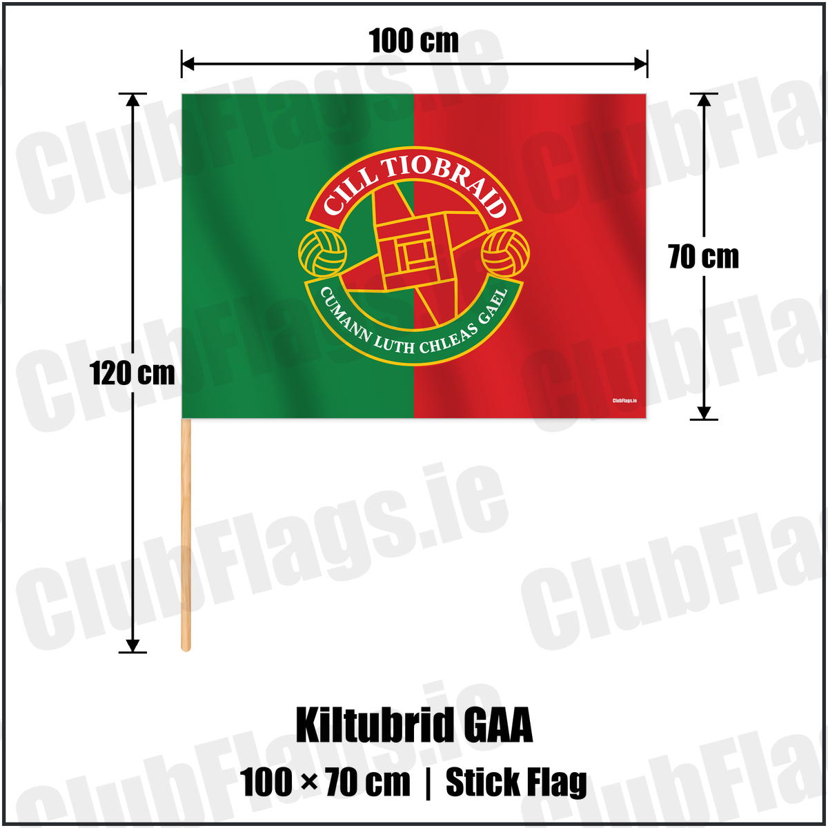 Kiltubrid GAA 70cm x 100cm Stick Flag with the verified club crest and colours, Leitrim GAA - ClubFlags.ie