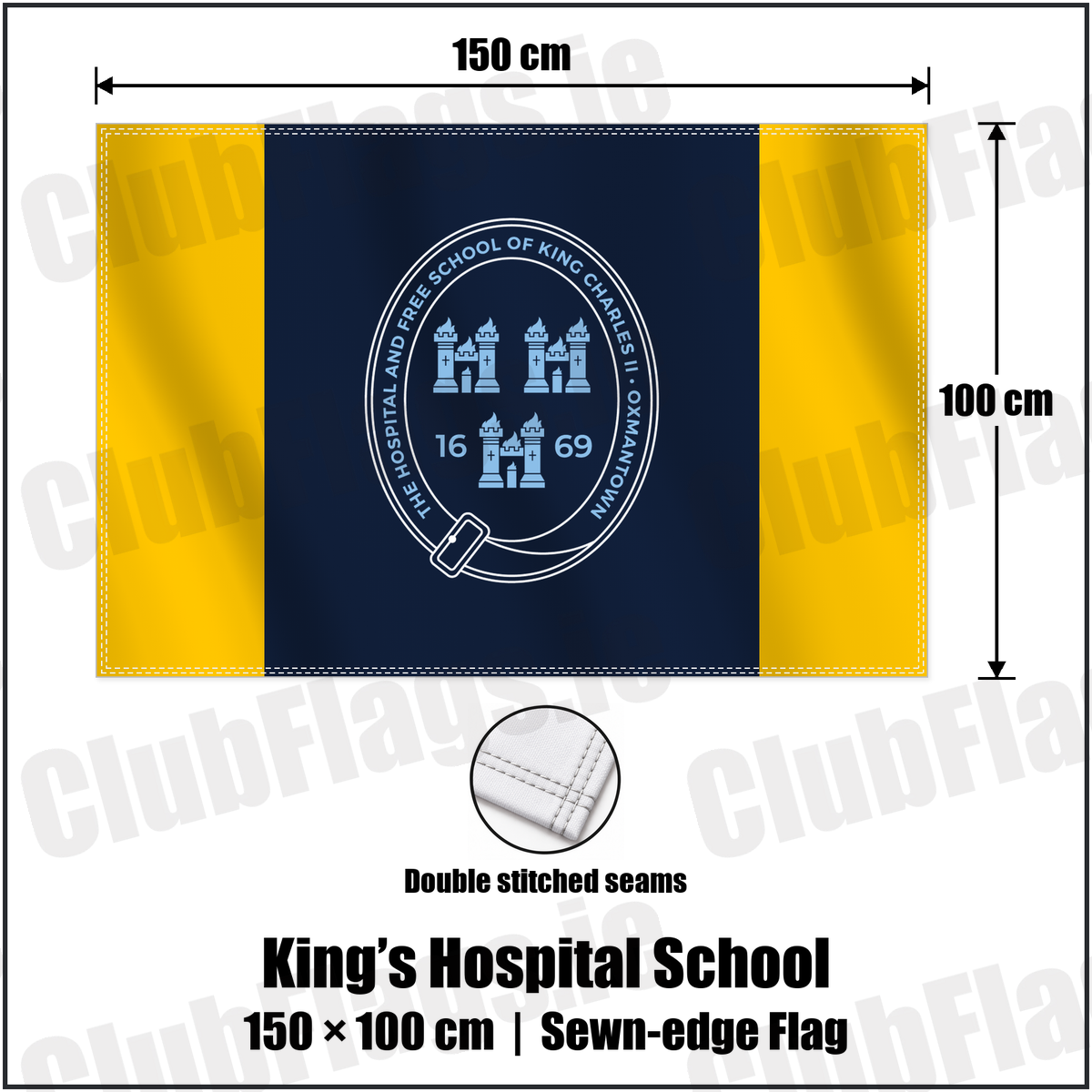 King’s Hospital School 100cm x 150cm Flag (sewn on the edges) with the club crest and colours, Dublin Rugby - ClubFlags.ie