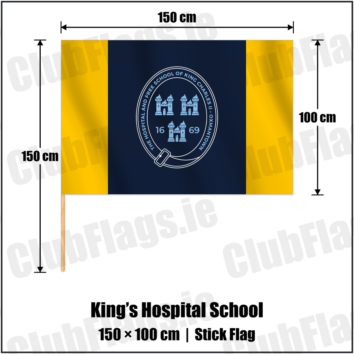 King’s Hospital School 100cm x 150cm Stick Flag with the club crest and colours, Dublin Rugby - ClubFlags.ie