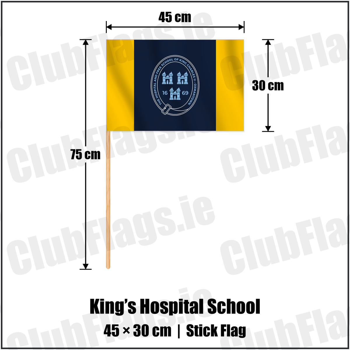 King’s Hospital School 30cm x 45cm Stick Flag with the club crest and colours, Dublin Rugby - ClubFlags.ie