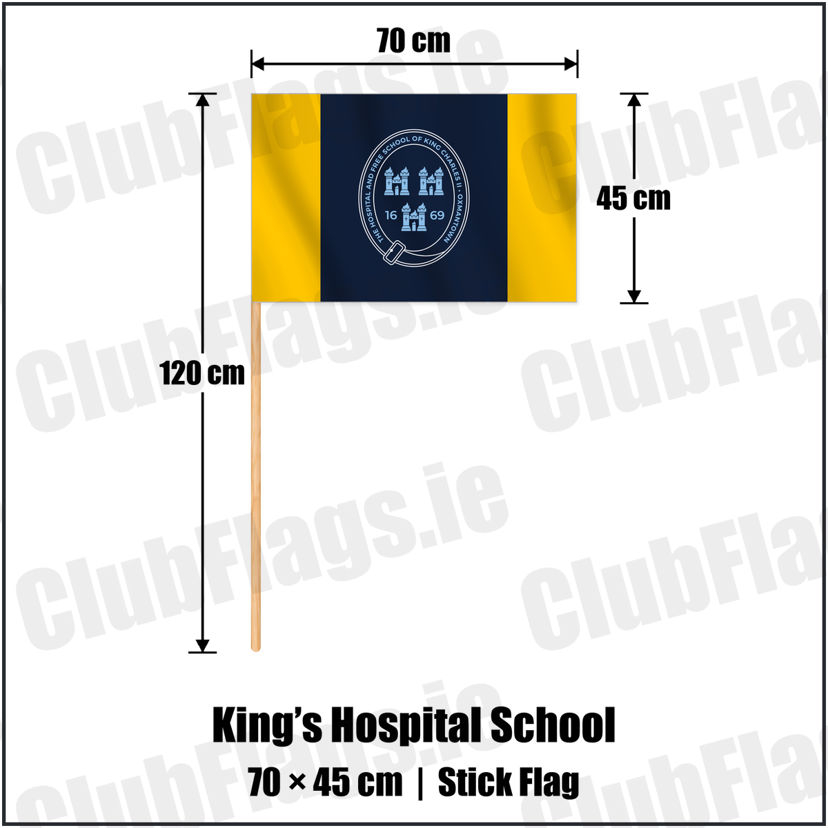 King’s Hospital School 45cm x 70cm Stick Flag with the club crest and colours, Dublin Rugby - ClubFlags.ie