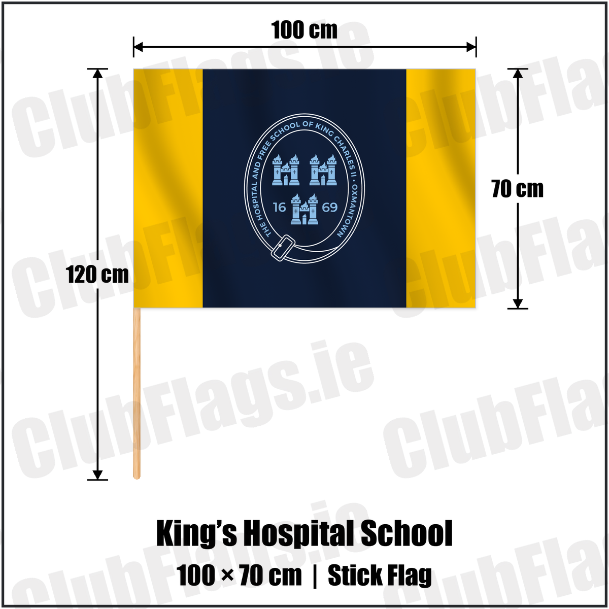 King’s Hospital School 70cm x 100cm Stick Flag with the club crest and colours, Dublin Rugby - ClubFlags.ie