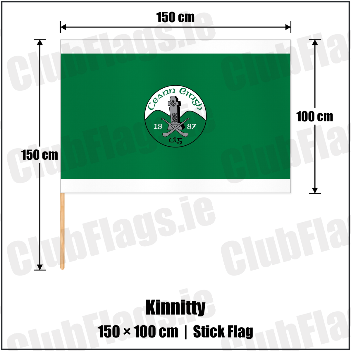 Kinnitty 100cm x 150cm Stick Flag with the club crest and colours, Offaly GAA - ClubFlags.ie