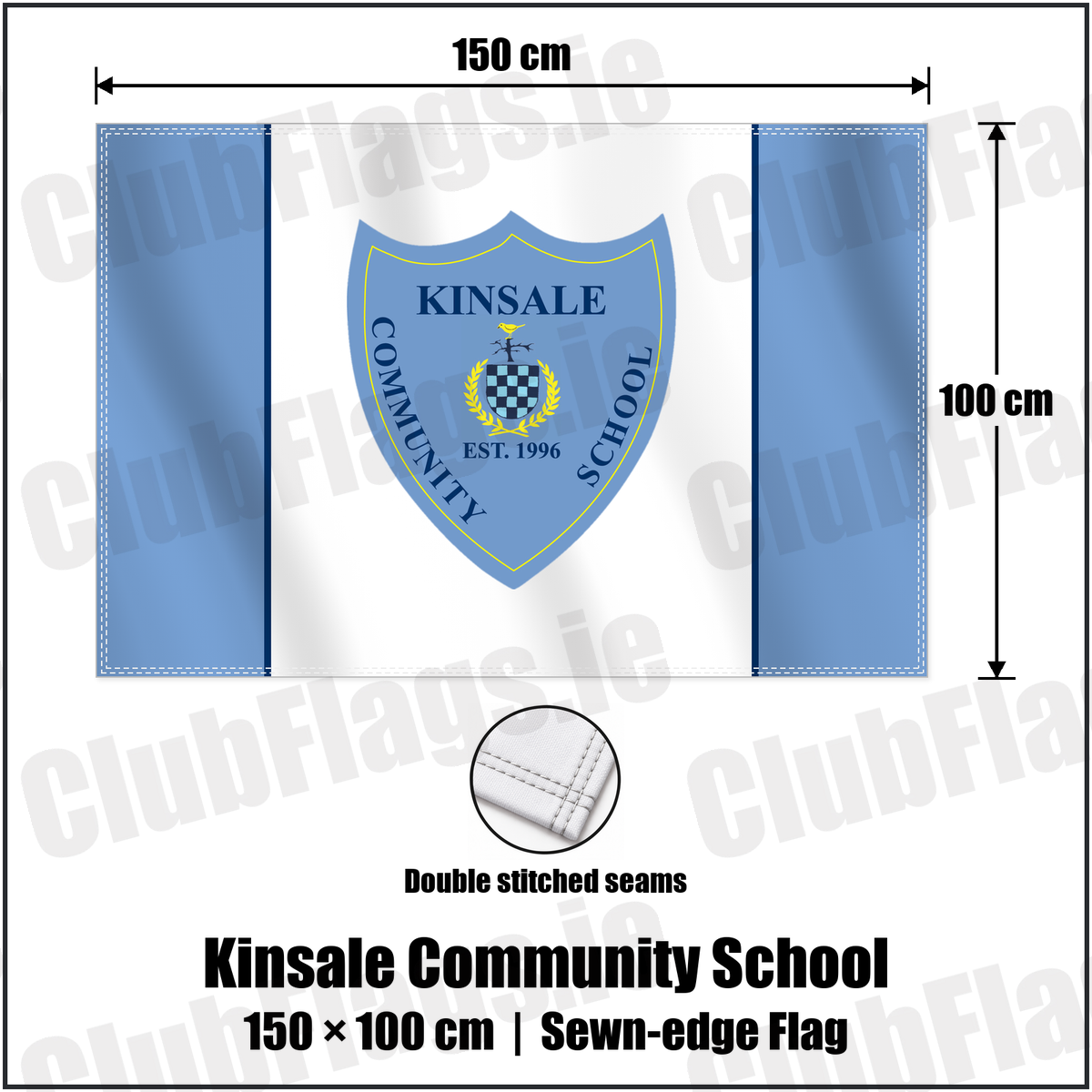 Kinsale Community School 100cm x 150cm Flag (sewn on the edges) with the club crest and colours, Cork GAA - ClubFlags.ie
