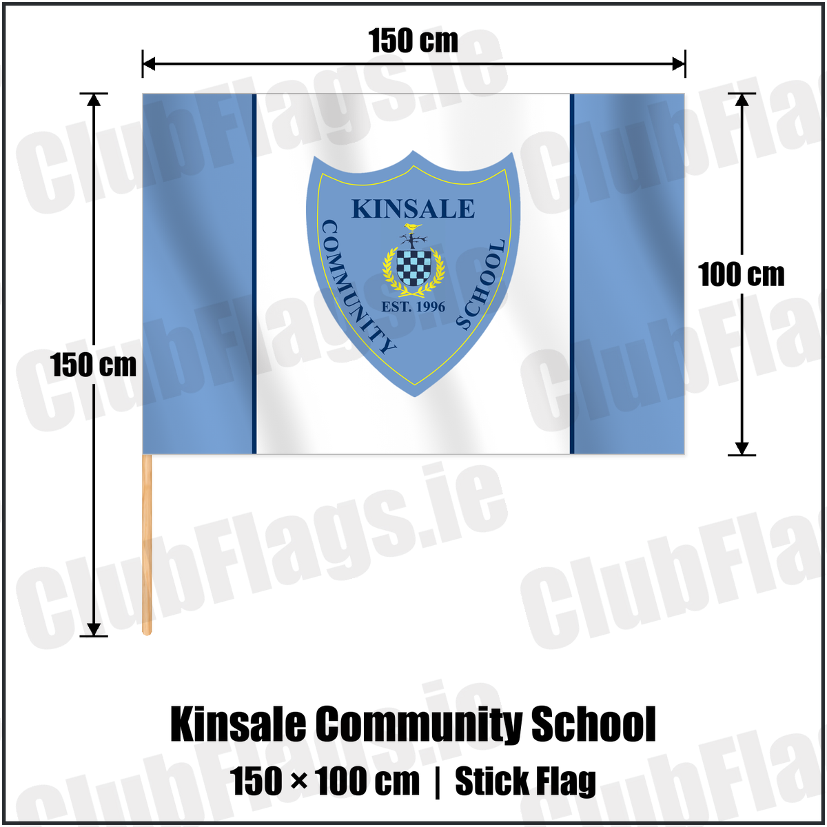 Kinsale Community School 100cm x 150cm Stick Flag with the club crest and colours, Cork GAA - ClubFlags.ie