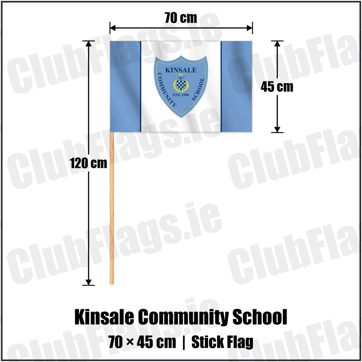 Kinsale Community School 45cm x 70cm Stick Flag with the club crest and colours, Cork GAA - ClubFlags.ie